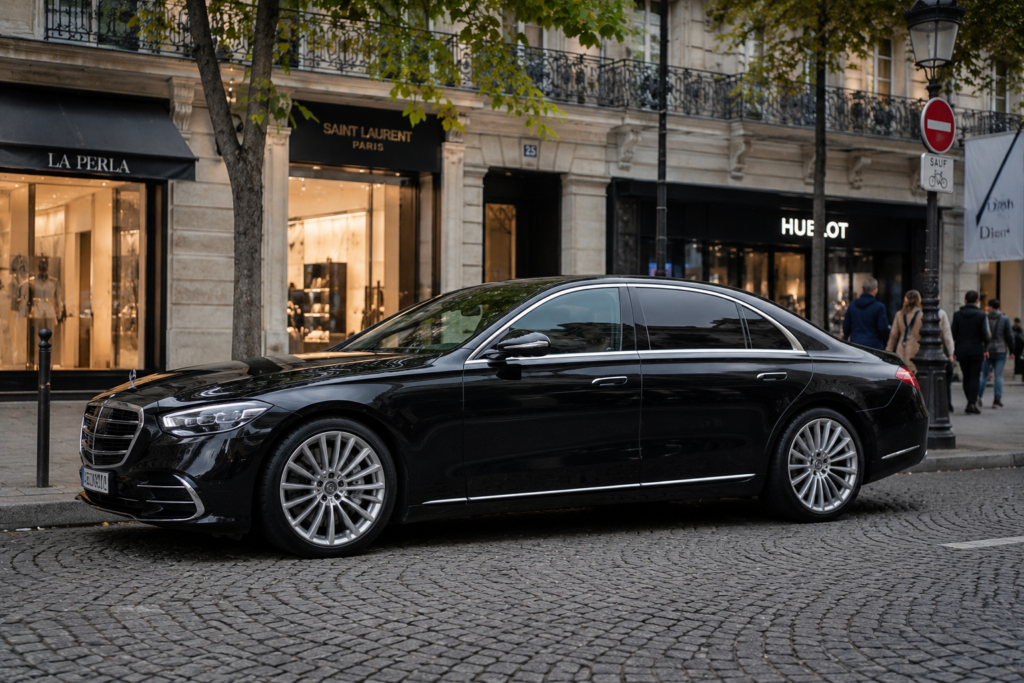 Luxury chauffeur services with a professional chauffeur standing beside a Mercedes-Benz S-Class in Europe