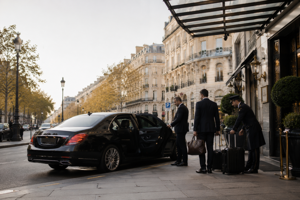 Airport car service in Paris France with a luxury vehicle outside Charles de Gaulle Airport