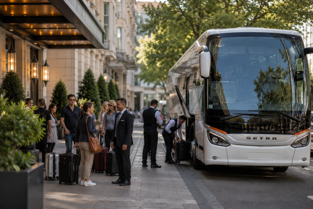 Luxury coach providing group transfer in France for a European tour