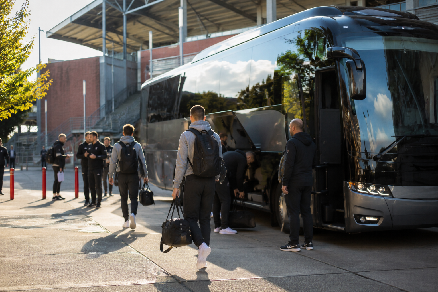 Transporte de Equipes Esportivas na Europa com ônibus privado para atletas e comissão técnica